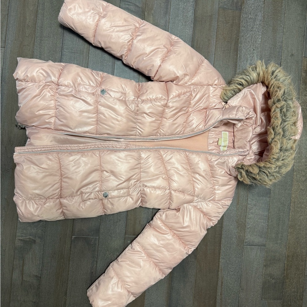 Michael Kors Pink Puffer Jacket with Faux Fur Hood
